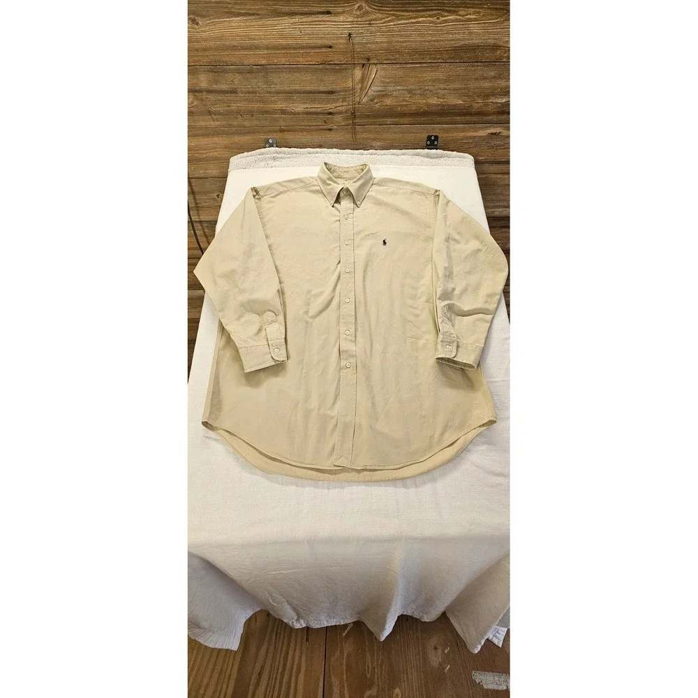 Polo Ralph Lauren Mens Khaki Tan Cotton Twill Button Down Shirt Long Sleeve L XL